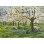 W Bryan Binns (Fl. early 20th c) - Sheep and Lambs in an Orchard, signed and dated 1911,