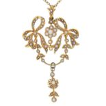 A split pearl openwork festoon and bows brooch, early 20th c, in gold, articulated, 59mm including