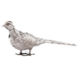 A German silver pheasant novelty casting bottle, late 19th / early 20th c, with detachable head,