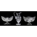 Two boat shaped 'brilliant' cut glass pedestal bowls and a ewer, second quarter 20th c and later,