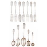 Seven Victorian silver dessert forks, Fiddle pattern, by H J Lias & Son, 1848, 1870 and 1875, two