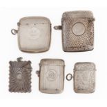 Five silver vesta cases, Victorian-George V, 41-53mm, 5ozs 2dwts Good condition