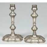 A pair of nickel plated brass candlesticks, 19th c, in mid 18th c English style, 19.5cm h Good