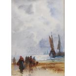 F Rousse, fl 19th/20th century - Fisherfolk on the Shore, signed, watercolour, 20 x 14.5cm Good