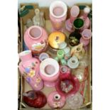 A quantity of Victorian and later glassware, to include enamelled pink glass vases, green and
