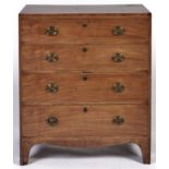 A Regency mahogany chest, c1820, box wood strung, fitted four long graduated drawers, bowed apron