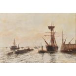 F Holder (Fl. late 19th/early 20th century) - Sailing Vessels and Steam Tugs in a Harbour, signed