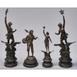 A pair of bronzed spelter figures - La Jour and La Nuit, ebonised bases, 51cm h; two other bronzed