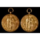 Two gold watch fob prize medals of the Motor Cycling Club London - Edinburgh Competition, obverse