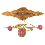 A ruby and split pearl brooch, gypsy set in 9ct gold, 42mm, Birmingham 1912 and a synthetic ruby and