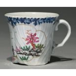 A Worcester blue bordered coffee can, outside-decorated, c1756-1760, feather moulded with underglaze