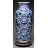 A Chinese blue and white vase, Qing dynasty, Kangxi period, of cylindrical form with concave neck,