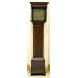 A George III yew veneered oak cottage longcase clock,  Chas Haywood, Rochdale, the hood with