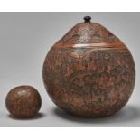 A South American pokerwork gourd, late 19th/early 20th c, intricately decorated  by Hugo Ubaldo,