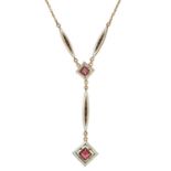 A Belle Epoque garnet and gold and enamel necklet, c1900, drop 51mm, 45.5cm l, marked B.H.J. 9ct,