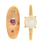 A ruby and diamond ring, gipsy set, in gold, unmarked and a cultured pearl ring in 9ct gold, 1.8 and
