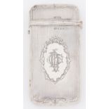 A Victorian silver cigar case, engine turned, 12cm h, by C H Cheshire, Birmingham 1887, 3ozs Dent on
