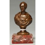 A French miniature bronze bust of Lord Byron, early 20th c, on integral socle, traces of gilding,