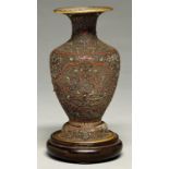 A Chinese brass and cloisonne enamel vase, early 20th c, 11.5cm h and a wood stand (2) Good