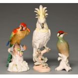 A Dresden model of a parrot on a rustic stump, 30cm h, a Royal Dux cockatoo resting on a branch,