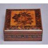 A  Victorian Tunbridge ware square box, c1860, of rosewood and decorated with flowers, 15 x 15.5cm