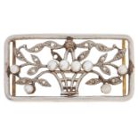 A rectangular framed pearl flower basket slide, early 20th c, with diamond accents, in white gold,