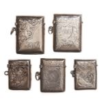 Five silver vesta cases, Victorian-George V, 39-47mm,   3ozs Smallest vesta case slightly dented