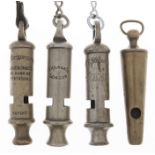 Two J D Hudson & Co Metropolitan whistles, a similar whistle and a brass whistle, late 19th /