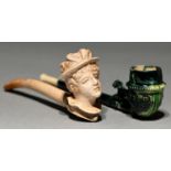A green glazed creamware tobacco pipe, late 18th/early 19th c, moulded with flowers and horse,