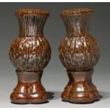 A pair of Scottish saltglazed brown stoneware thistle shaped bean pole finials, 19th c, 14cm h