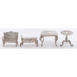 Dutch Toys.  Two miniature silver tables, a settee and couch, settee 45mm l, variously marked and