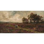 English School, late 19th c - Couple at a Signpost on a Path, oil on canvas, 18 x 56.5cm Unlined;