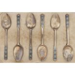 A set of six George V silver gilt and blue and green guilloche enamel coffee spoons, by Suckling