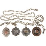 Two silver alberts, early 20th c, 30 and 47cm l and four silver watch fob shields, 2ozs 15dwts (6)