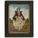 A painted silk collage of a lady, full length, in a landscape, in 18th c style, the fur trim to