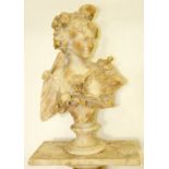 An Italian alabaster bust of a young woman emblematic of Flora, late 19th c, on socle, 61cm h and