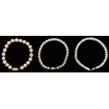 Three cultured pearl bracelets, with 14ct gold or gold marked 14ct, 30.6g Good condition