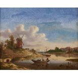 Follower of Paul Nasmyth - River Scene with Windmill, bears signature, oil on canvas, 22 x 27cm