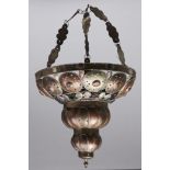 A Middle Eastern brass, copper and glass jewelled hanging lantern, 56cm h Basically complete and