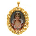 An Italian two colour 18ct gold locket, set with a miniature of a lady in jewelled gold loop, 53mm