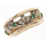 An emerald and diamond palmette pierced ring, in 9ct gold, 2.9g, size I Good condition