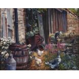 Wendy Stevenson (1950-2003) - Cat on the Wall, Goose and Chickens, signed and dated '86, oil on