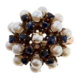 A sapphire and cultured pearl cluster ring, in gold, 4.1g, size N Good condition