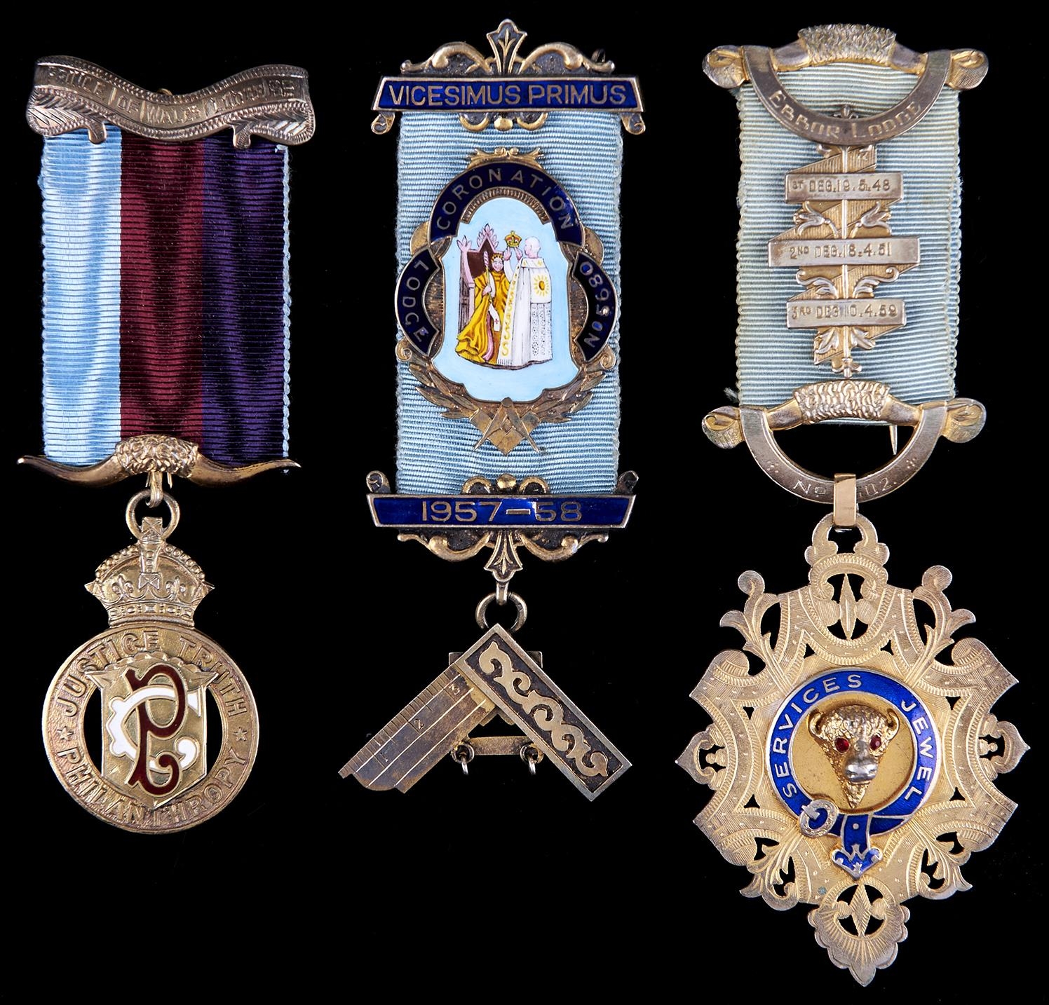 A masonic silver and enamel past master's jewel, Coronation Lodge Birmingham 1957 and two RAOB
