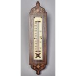 An Edwardian rosewood and inlaid hanging thermometer, c1910, alcohol filled, with ivorine scale,