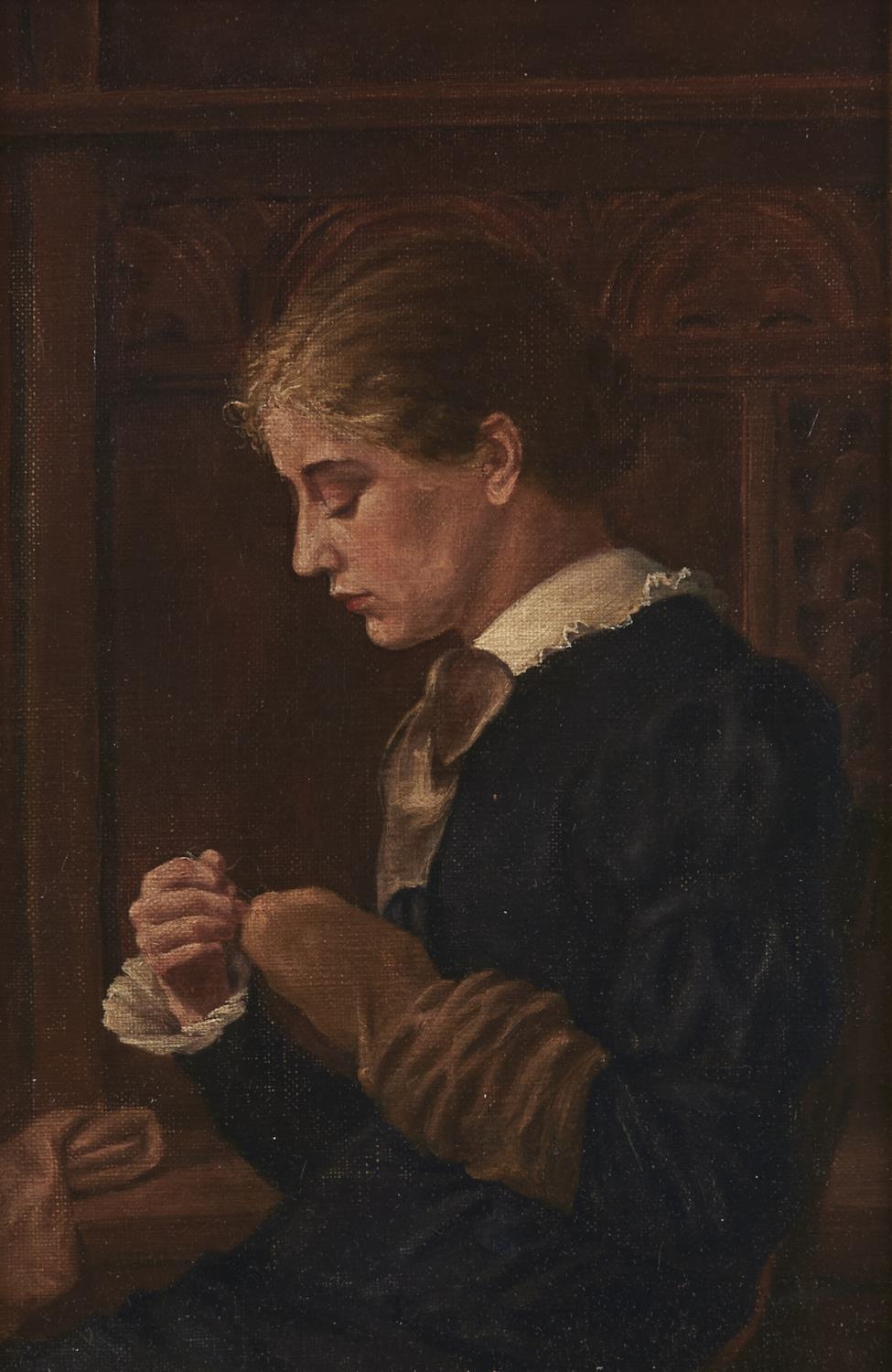 English School, late 19th c - Seated Female in a Panelled Interior Darning, oil on canvas, 29 x 19cm