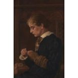 English School, late 19th c - Seated Female in a Panelled Interior Darning, oil on canvas, 29 x 19cm