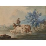 Peter La Cave (1769-1811) - Three Longhorn Cattle, Sheep and a Drover; Figures Conversing on a