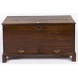 A George III oak mule chest, pierced brass furniture and substantial carrying handles, 68cm h; 53