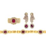 A ruby and diamond suite, comprising ring, earrings and bracelet, in gold, bracelet 19cm l, marked